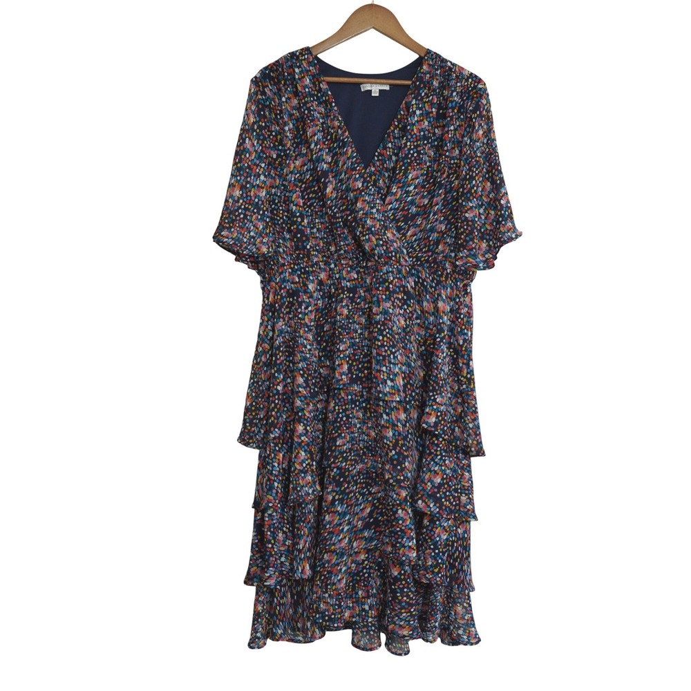 Sandra Darren XL Confetti Dot Tiered Faux Wrap Midi Dress Navy Multicolor Party